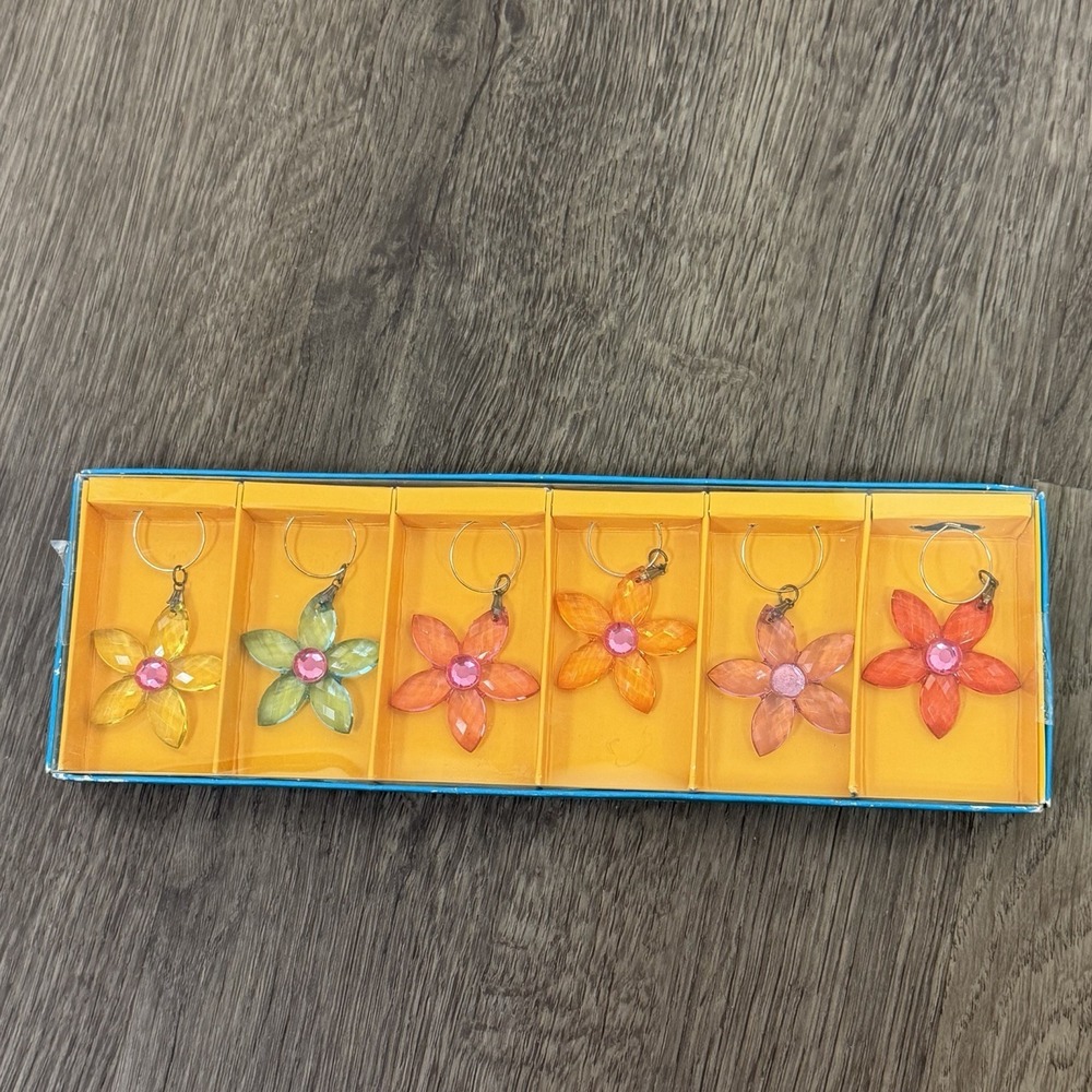 Pier 1 Imports Colorful Flower Drink Charms Set of‎ 6 Wine Glass Markers In Box